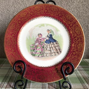 Salem China Godey Prints Charger Plate | Vintage 1940s USA Porcelain | 23K Gold Trim Decorative Victorian Plate 11&quot;