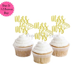 Glitter Miss To Mrs Cupcake Toppers: Bridal Shower Decor, Set of 12