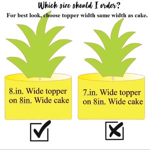 Puede incluir: Una gu&iacute;a visual para elegir el tama&ntilde;o correcto de la decoraci&oacute;n de la torta. Se muestran dos decoraciones de torta de pi&ntilde;a, una de 8 pulgadas de ancho y la otra de 7 pulgadas de ancho. La decoraci&oacute;n de 8 pulgadas est&aacute; en una torta de 8 pulgadas, mientras que la decoraci&oacute;n de 7 pulgadas tambi&eacute;n est&aacute; en una torta de 8 pulgadas. Una marca de verificaci&oacute;n est&aacute; junto a la decoraci&oacute;n de 8 pulgadas, lo que indica el tama&ntilde;o correcto. Una X roja est&aacute; junto a la decoraci&oacute;n de 7 pulgadas, lo que indica el tama&ntilde;o incorrecto.