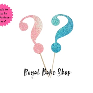 May include: Two glitter question marks on sticks, one pink and one blue.  The question marks are perfect for a gender reveal party.