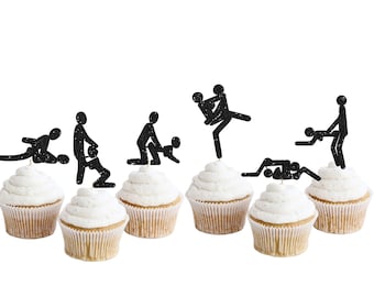 Sex Positions Glitter Cupcake Toppers: Bachelorette Party Decor, Set of 12