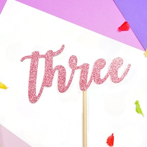 Three Cake Topper, 3rd Birthday Cake Pick, glitter cake topper
