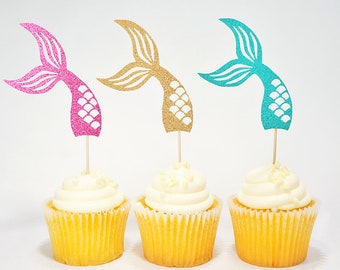 Mermaid Tail Cupcake Toppers 1 Dozen, Under The Sea Party Decor, Pool Party, Last Splash Bachelorette, Summer Birthday Food Picks