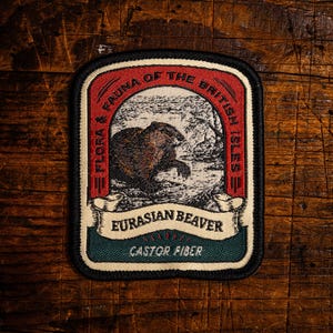 Puede incluir: Parche bordado con una ilustración de un castor euroasiático. El texto incluye "Flora & Fauna of the British Isles", "Eurasian Beaver" y "Castor Fiber". El parche tiene un esquema de color rojo, blanco y verde.