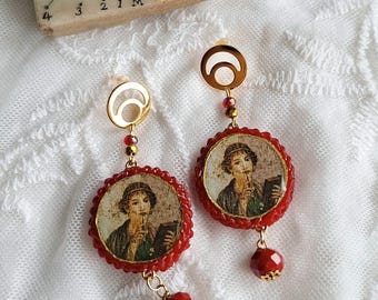 Ancient Roman fresco earrings poetess Sappho, Ancient wall art, Earrings inspired by ancient Roman art, portrait poetess of Lesbos