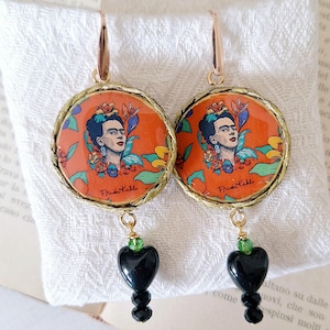 Orecchini ispirati a Frida Kahlo,  Frida Khalo jewerly, ritratto donna , Frida Khalo art, Frida Khalo gifts, cuore nero
