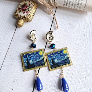 Pendientes Van Gogh, adornos Van Gogh, Pendientes colgantes de papel, Pendientes bohemios, Noche estrellada Van Gogh