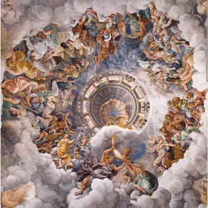 Un affresco colorato sul soffitto che rappresenta una scena della mitologia greca. L'affresco presenta una figura centrale circondata da altre figure, tutte dipinte in uno stile realistico. La scena è ambientata su uno sfondo di nuvole e cielo.