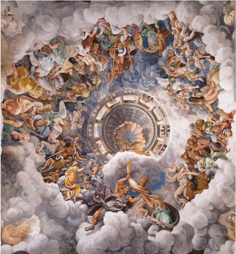 Un affresco colorato sul soffitto che rappresenta una scena della mitologia greca. L'affresco presenta una figura centrale circondata da altre figure, tutte dipinte in uno stile realistico. La scena è ambientata su uno sfondo di nuvole e cielo.