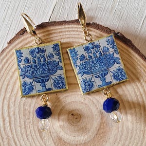 Orecchini ispirati agli Azulejos con un tocco portoghese e siciliano", Orecchini colorati bianco e blu