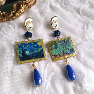 Van Gogh Ohrringe, Van Gogh Ornamente, Papiertropfen Ohrringe, Boho Ohrringe, Sternennacht Van Gogh und Iris