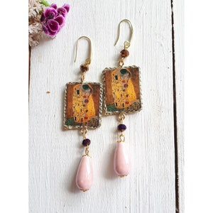 Art long earrings inspired to The Kiss of Klimt, Pendant earrings with famous painting, Museum earrings