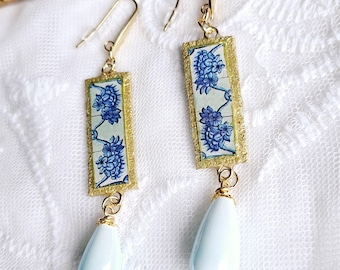 Azulejos Earrings Blue and White, Handmade Ceramic Earrings, Portuguese Sicilian Style Jewelry, Colorful Gift for Her