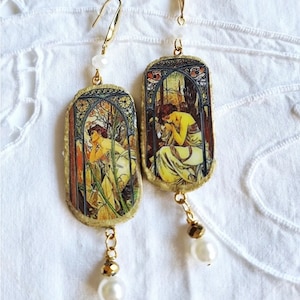 Orecchini stile liberty con immagini Boho, orecchini con immagini stile grande Gatsby, orecchini Art Decò, Mucha stagioni