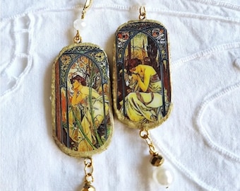 Jugendstil-Ohrringe mit Boho-Motiven, Ohrringe im Stil von „Der große Gatsby“ mit Motiven, Art-déco-Ohrringe, Mucha-Jahreszeiten