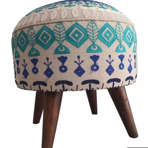 Indian Embroidered Footstool Round pouf stool Bedroom pouf Footstool ottoman Tufted stool Piano chair Footrest bench Make up stool 18x18inch image 2