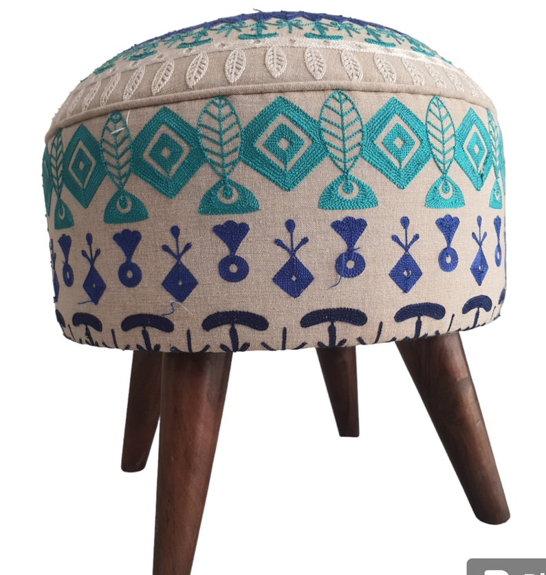 Indian Embroidered Footstool Round pouf stool Bedroom pouf Footstool ottoman Tufted stool Piano chair Footrest bench Make up stool 18x18inch image 2