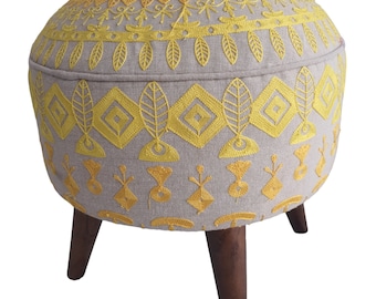 Indian Embroidered Footstool Round pouf stool Bedroom pouf Footstool ottoman Tufted stool Piano chair Footrest bench Make up stool 18x18inch