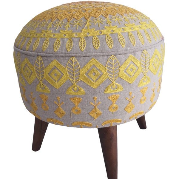 Indian Embroidered Footstool Round pouf stool Bedroom pouf Footstool ottoman Tufted stool Piano chair Footrest bench Make up stool 18x18inch