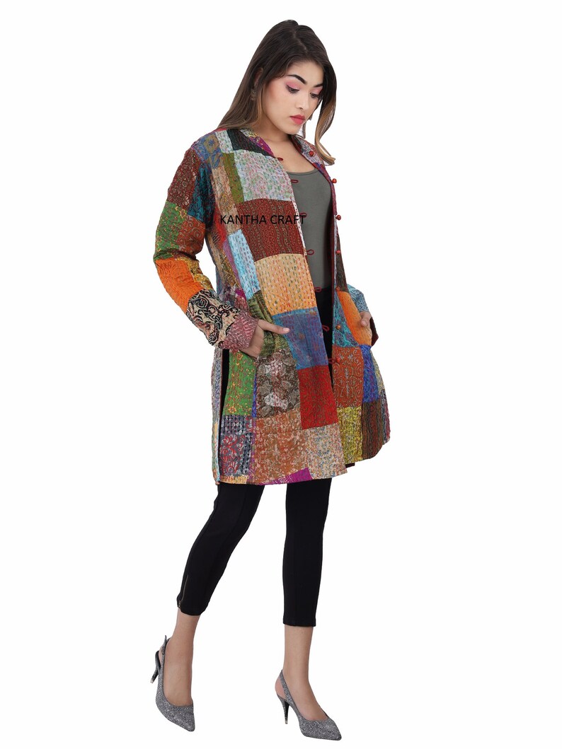 Indian Vintage Silk Sari Patchwork Colorful Long Coat,Cotton vintage Quilted Festive Fashion Jacket,Reversal Unisex Jacket,patchwork Jacket