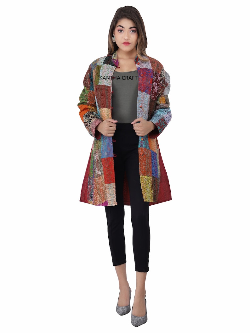 Indian Vintage Silk Sari Patchwork Colorful Long Coat,Cotton vintage Quilted Festive Fashion Jacket,Reversal Unisex Jacket,patchwork Jacket