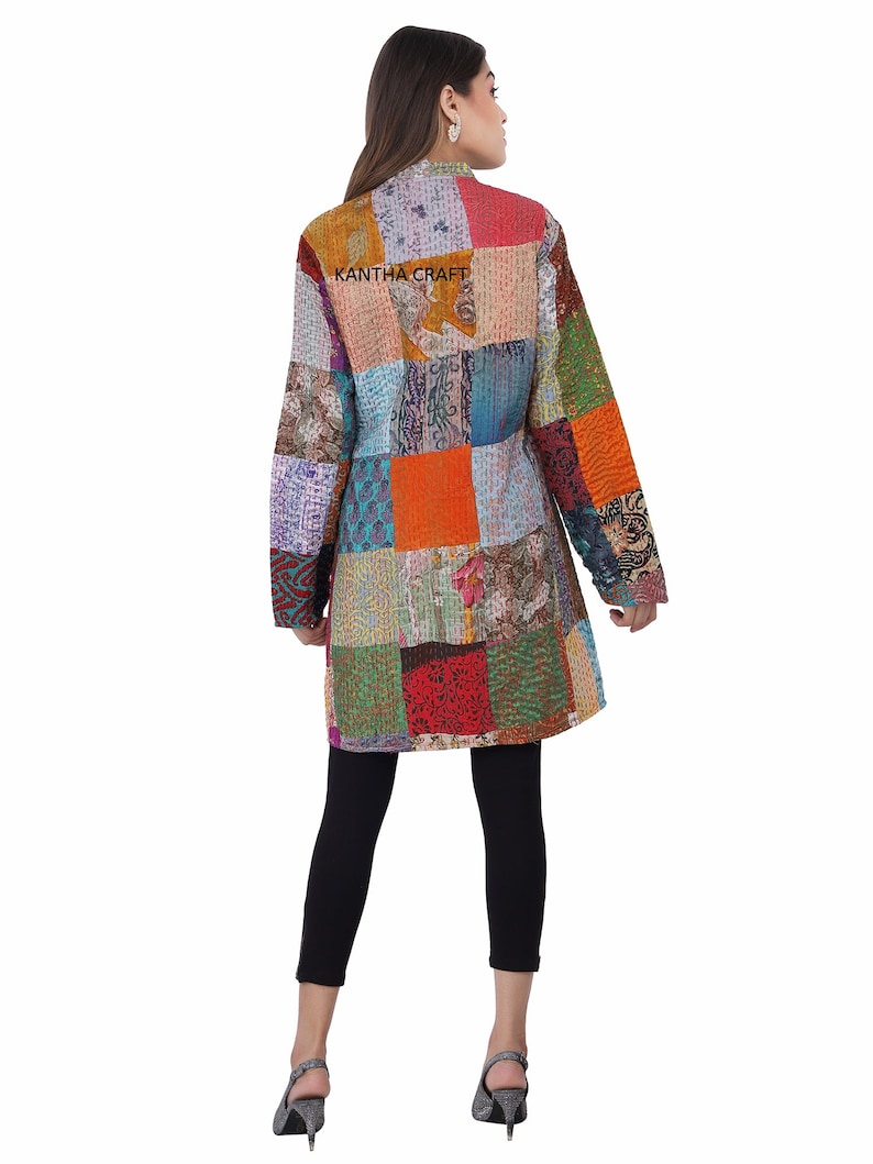 Indian Vintage Silk Sari Patchwork Colorful Long Coat,Cotton vintage Quilted Festive Fashion Jacket,Reversal Unisex Jacket,patchwork Jacket
