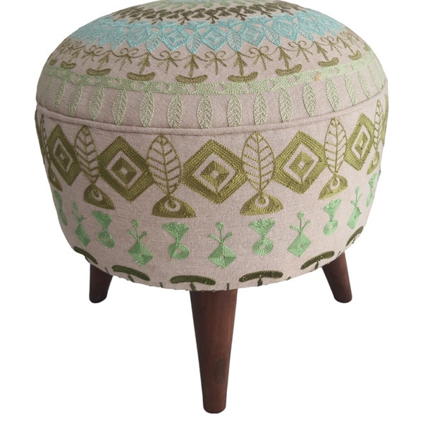 Indian Embroidered Footstool Round pouf stool Bedroom pouf Footstool ottoman Tufted stool Piano chair Footrest bench Make up stool 18x18inch