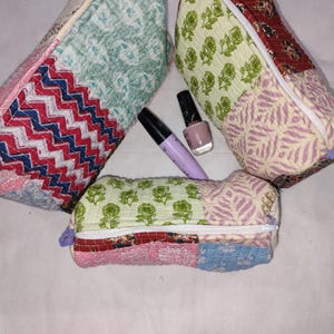 Cosmetic pouches set of 3 pc set of quilted cotton toiletry bag, personalized makeup bag.