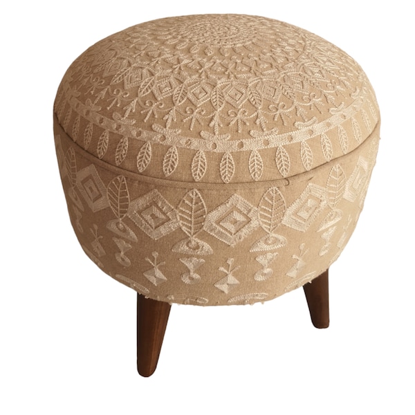 Indian Embroidered Footstool Round pouf stool Bedroom pouf Footstool ottoman Tufted stool Piano chair Footrest bench Make up stool 18x18inch