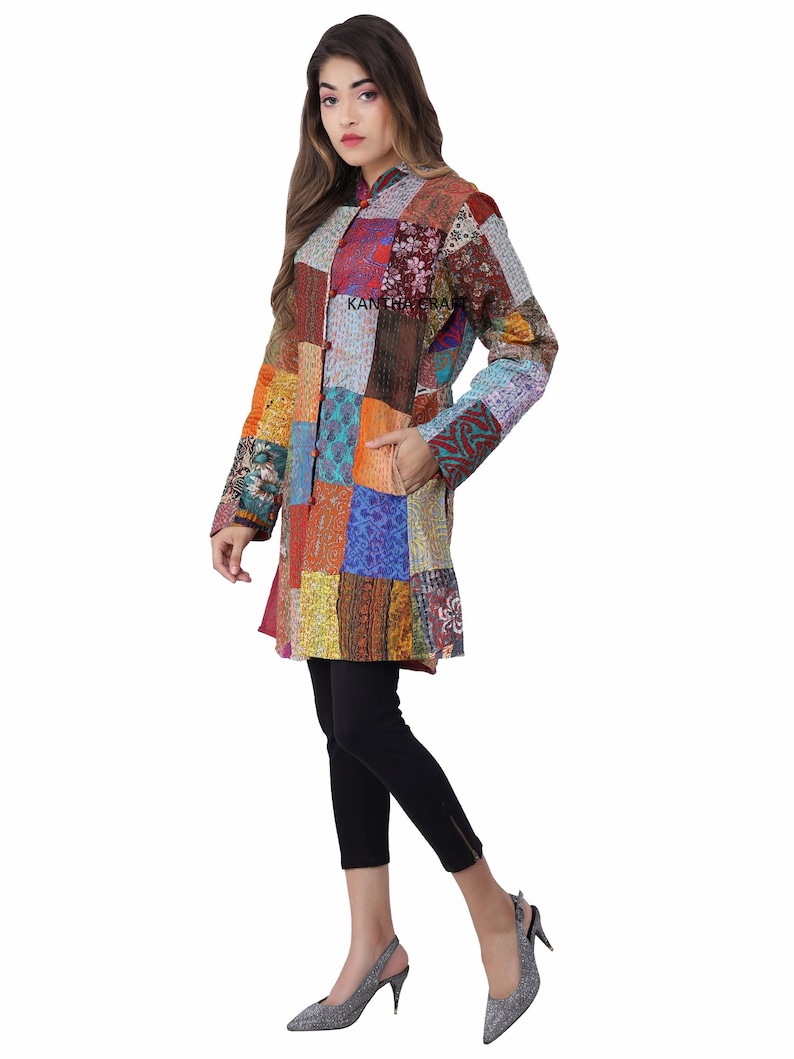Indian Vintage Silk Sari Patchwork Colorful Long Coat,Cotton vintage Quilted Festive Fashion Jacket,Reversal Unisex Jacket,patchwork Jacket