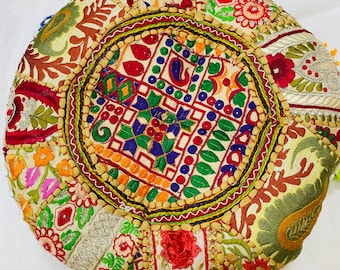 Vintage Round Patchwork Cushion: Embroidered Cotton Floor Pillow