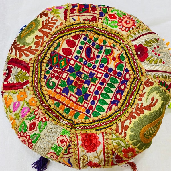 Vintage Round Cotton Cushion Patchwork Handmade Decor Embroidered Meditation Cushion Floor Cushion Bohemian Seating Cushion Ottoman Cushion