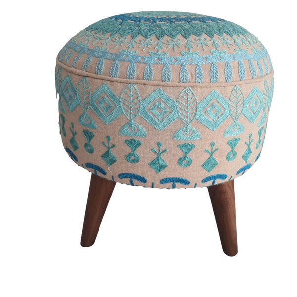 Indian Embroidered Footstool Round pouf stool Bedroom pouf Footstool ottoman Tufted stool Piano chair Footrest bench Make up stool 18x18inch