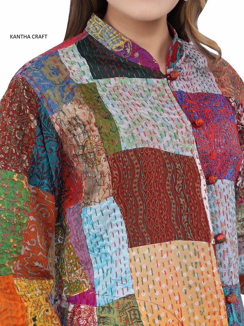 Indian Vintage Silk Sari Patchwork Colorful Long Coat,Cotton vintage Quilted Festive Fashion Jacket,Reversal Unisex Jacket,patchwork Jacket