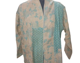 Chaqueta acolchada vintage de patchwork indio, estilo bohemio, corta, de algodón, con estampado de hojas blancas y ribete de rayas negras, regalo para mujer.
