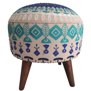 Indian Embroidered Footstool Round pouf stool Bedroom pouf Footstool ottoman Tufted stool Piano chair Footrest bench Make up stool 18x18inch image 1