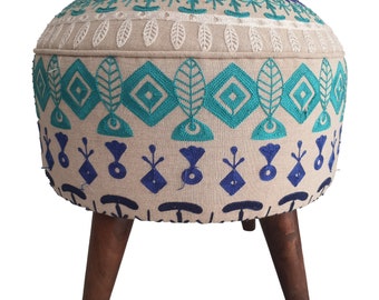 Indian Embroidered Footstool Round pouf stool Bedroom pouf Footstool ottoman Tufted stool Piano chair Footrest bench Make up stool 18x18inch