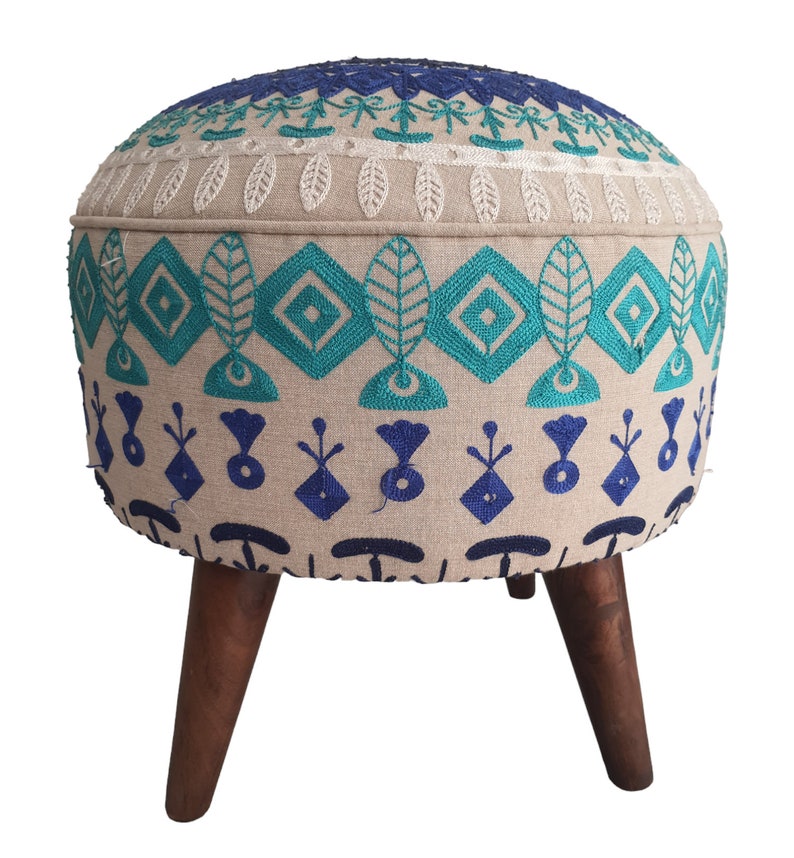 Indian Embroidered Footstool Round pouf stool Bedroom pouf Footstool ottoman Tufted stool Piano chair Footrest bench Make up stool 18x18inch image 1