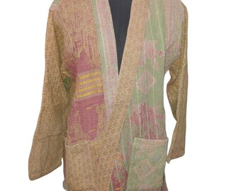 Chaqueta acolchada vintage de patchwork indio, estilo bohemio, corta, de algodón, con estampado de hojas blancas y ribete de rayas negras, regalo para mujer.