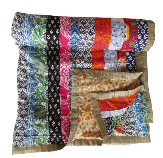 Handmade Orange King Kantha Quilt Blanket Bedspread Reversible Throw Ralli Gudri