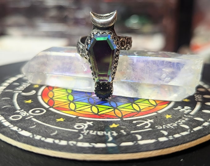 Aura quartz and onyx witchy coffin moon ring