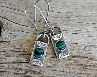 Malachite & Sterling Silver Bar Earrings