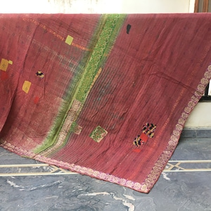 Handmade Indian Kantha Quilt: Vintage Twin Reversible Bedspread