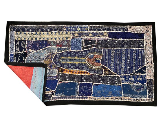 手作りのインド製ヴィンテージタペストリー：ボヘミアン風刺繍入り