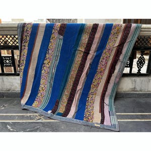 Boho Vintage Reversible Kantha Quilt, Indian Sari Patchwork Throw