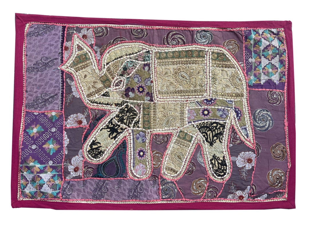 Indian Handmade Elegant Elephant Wall Hanging Cotton Embroidered ...