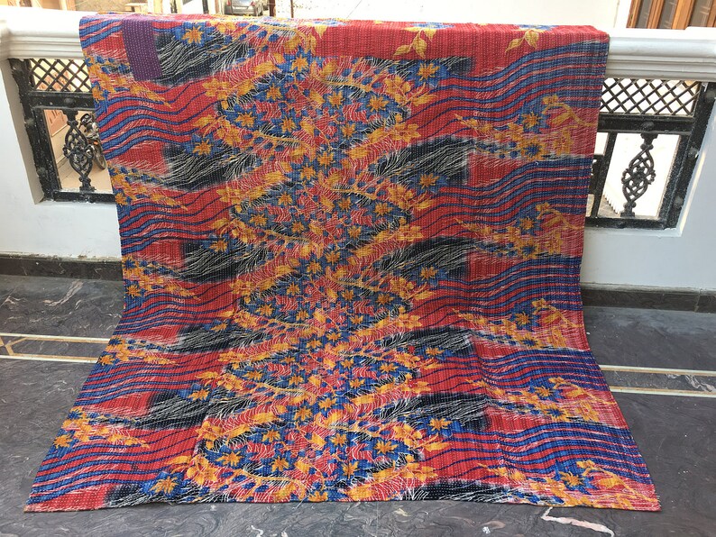Vintage Handmade Reversible Kantha Quilt,Kantha Bedspread Gypsy Bohemian Old Sari Kantha Quilt