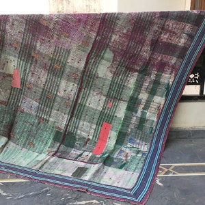 Handmade Twin Kantha Quilt: Vintage Reversible Cotton Bedspread