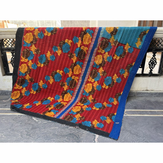 Vintage Kantha Quilt: Heavy Multicolor Reversible Indian Blanket