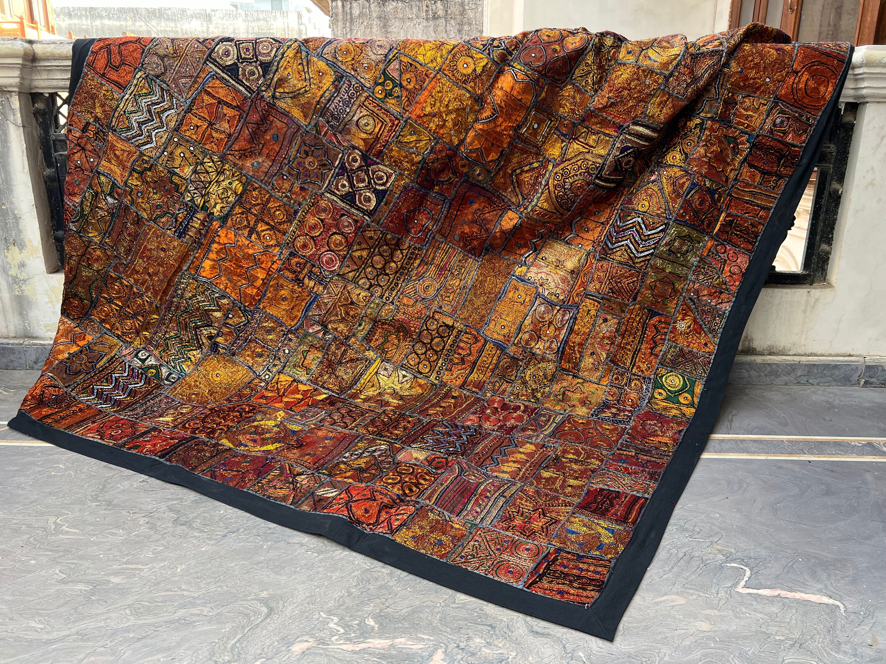 Vintage Banjara Sari Patchwork Tapestry: Handmade Boho Wall